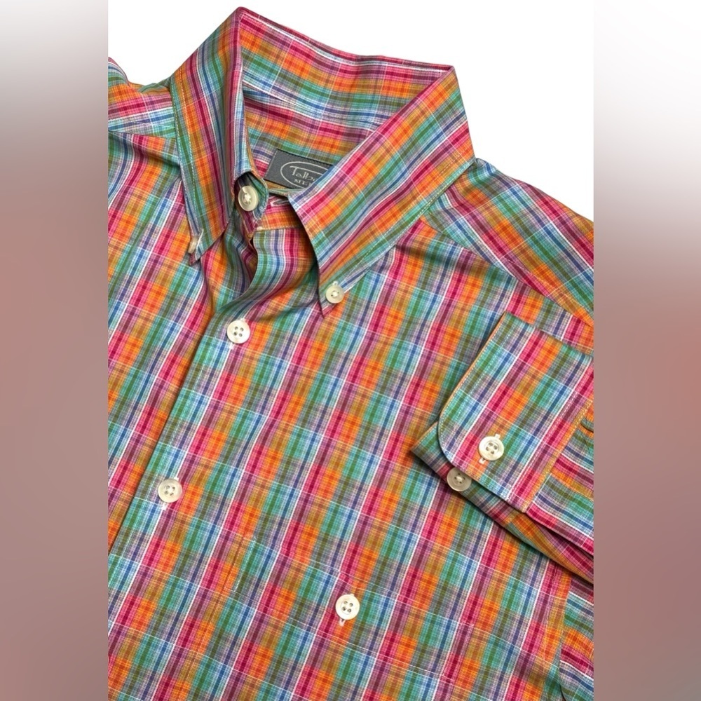 Talbots Button Front Shirt Size Small Orange Pink Multi Color Plaid Long Sleeve
